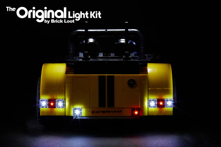 Rear view of the LEGO Caterham Seven 620R set 21307 with the custom Brick Loot LED Light Kit.