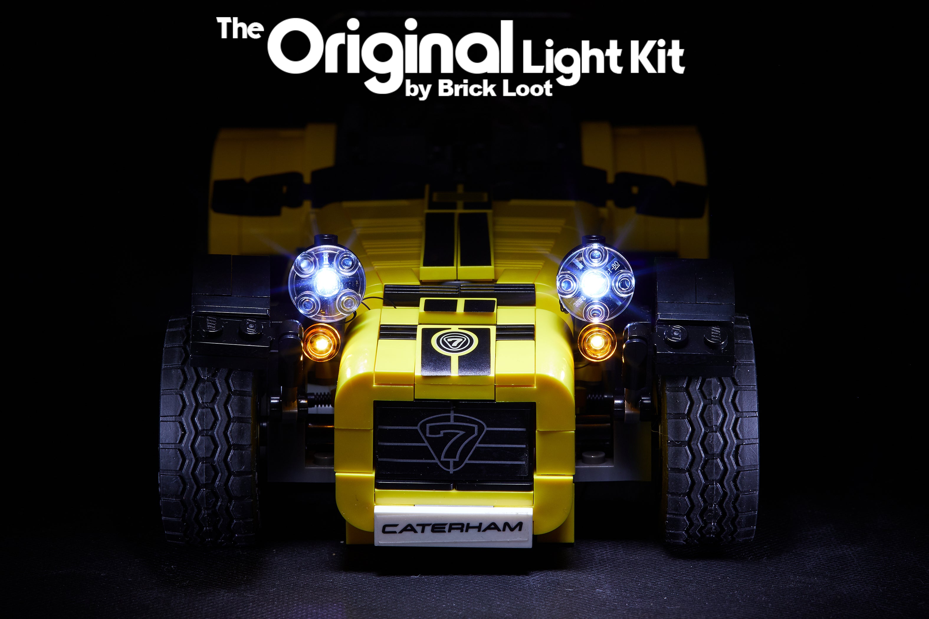 Front view of the LEGO Caterham Seven 620R set 21307 with the custom Brick Loot LED Light Kit.