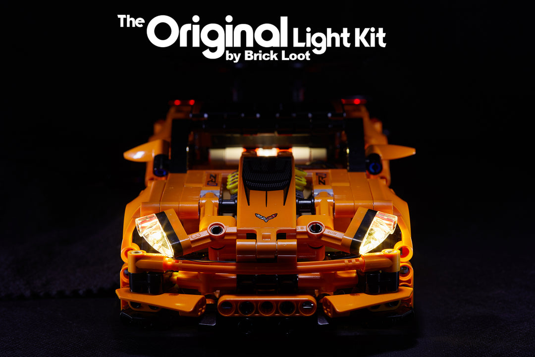 Front view of the LEGO Chevrolet Corvette ZR1 set 42093, lit up with the custom Brick Loot LED Light Kit.