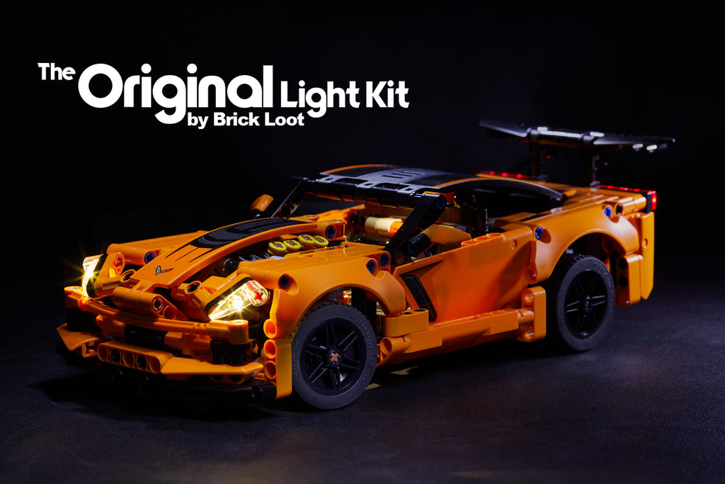 LEGO Chevrolet Corvette ZR1 set 42093, lit up with the custom Brick Loot LED Light Kit.