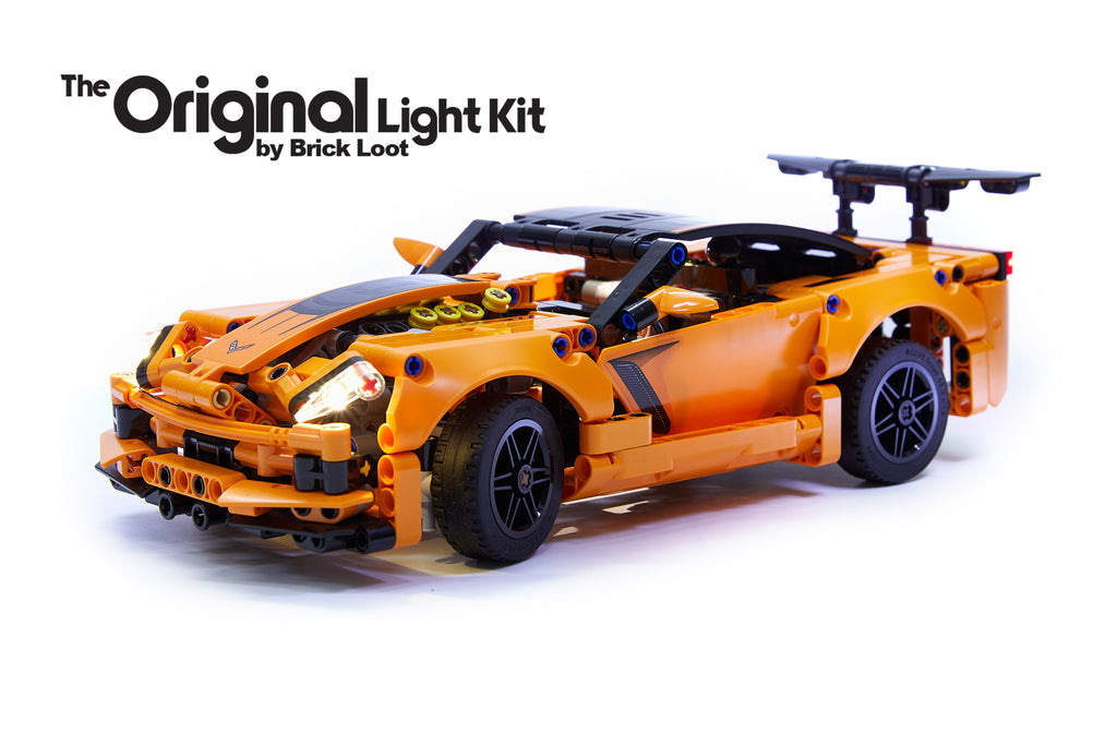 LEGO Chevrolet Corvette ZR1 set 42093, lit up with the custom Brick Loot LED Light Kit.