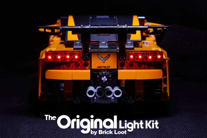 Back view of the LEGO Chevrolet Corvette ZR1 set 42093, lit up with the custom Brick Loot LED Light Kit.