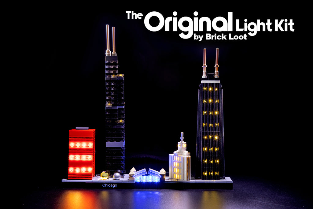 LEGO Architecture Chicago Skyline set 21033, illuminated with the Brick Loot LED Light Kit 