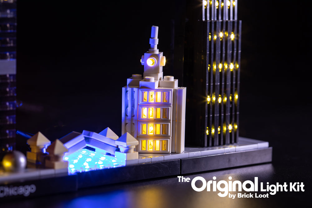 Close-up of the LEGO Architecture Chicago Skyline set 21033, illuminated with the Brick Loot LED Kit.