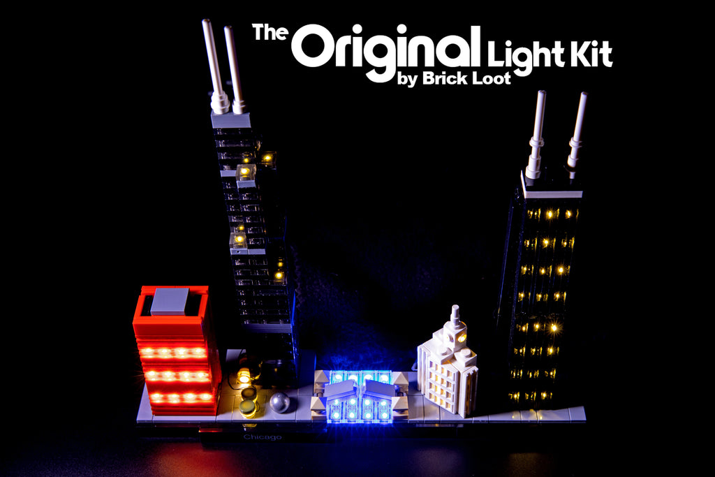 LEGO Architecture Chicago Skyline set 21033, illuminated with the Brick Loot LED Kit 