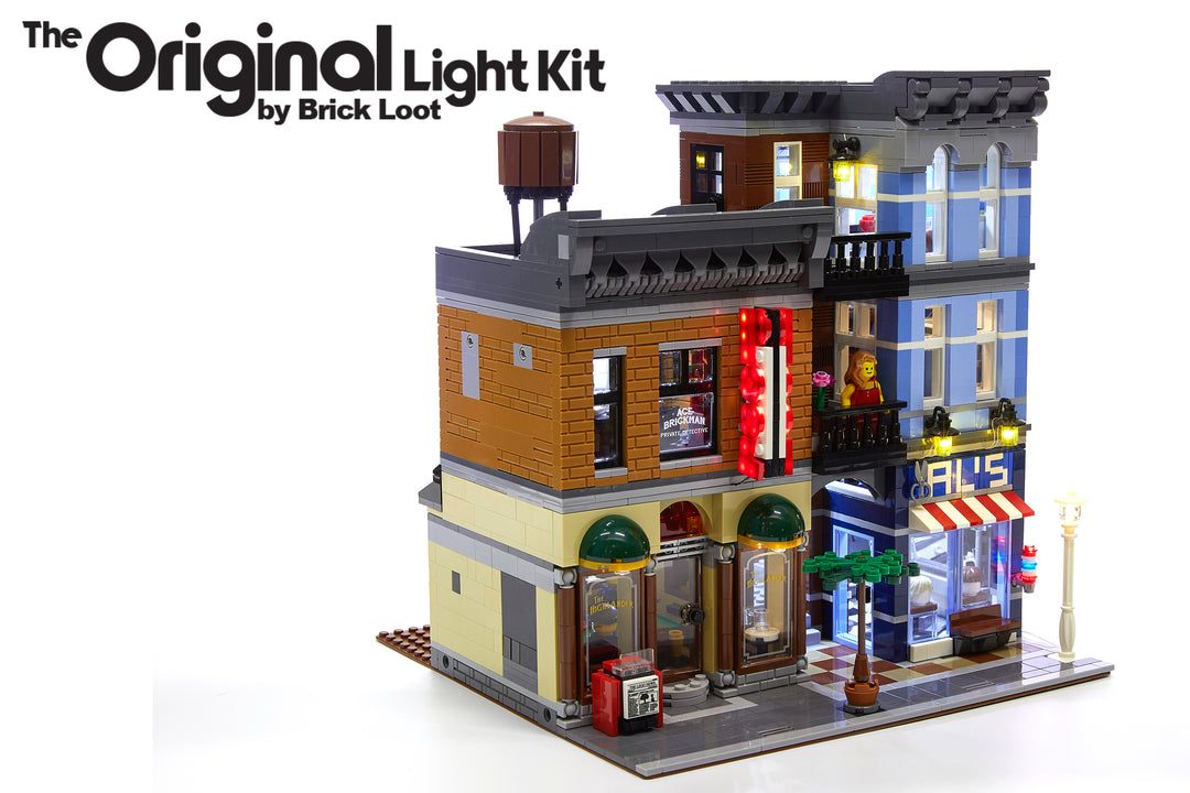 Even duirng the day, the custom Brick Loot light kit illuminates the LEGO Detective's Office and Barbershop set 10246. The extra POOL sign and barbershop light are also shown here.  