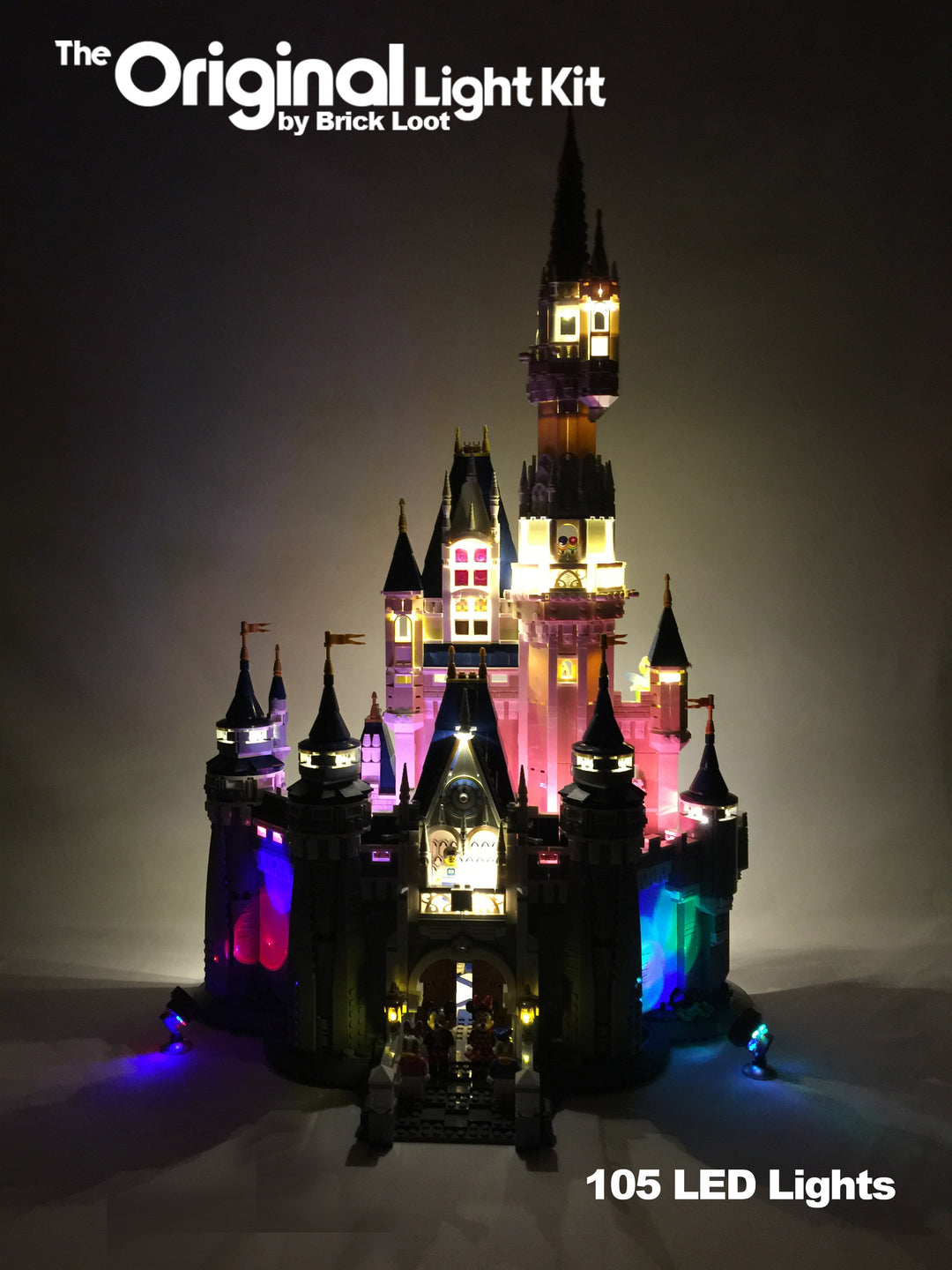 Exterior of the LEGO Disney Castle set 71040, beautifully illuminated with the Brick Loot LED Light Kit with 105 LED lights.