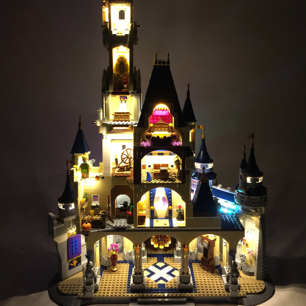 Inside of the LEGO Disney Castle set 71040, beautifully illuminated with the Brick Loot LED Light Kit with 105 LED lights.