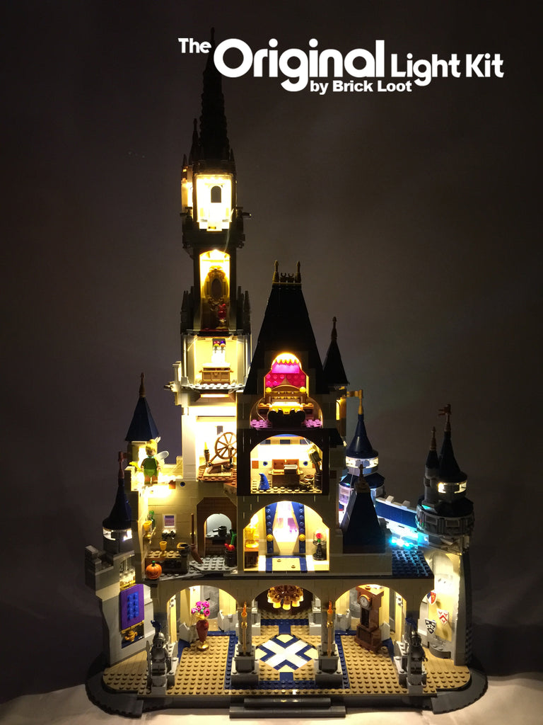 Inside of the LEGO Disney Castle set 71040, beautifully illuminated with the Brick Loot LED Light Kit with 105 LED lights.