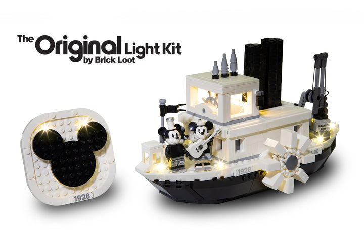 LEGO Disney Steamboat Willie FULL set 21317 with Brick Loot LED Lights with a white background.