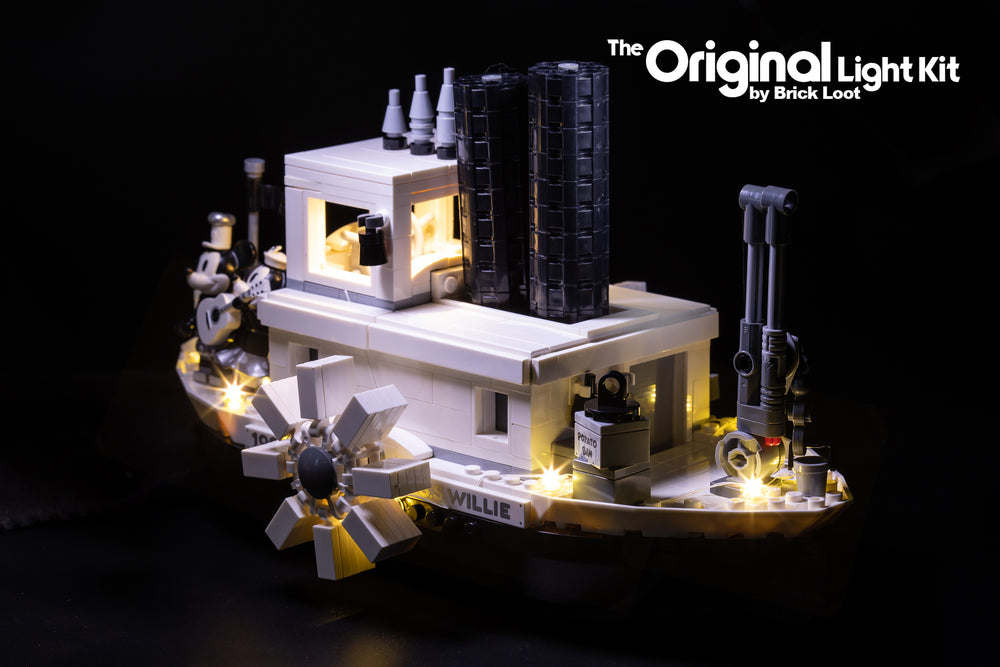 LEGO Disney Steamboat Willie set 21317 with Brick Loot LED Lights.