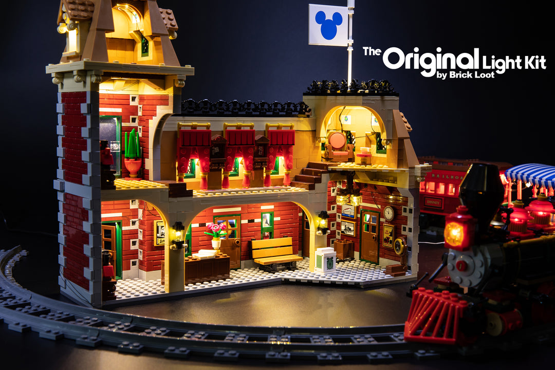 Close-up of the inside of the LEGO Disney Train and Station set 71044, completely lit up with the Brick Loot LED Light Kit.