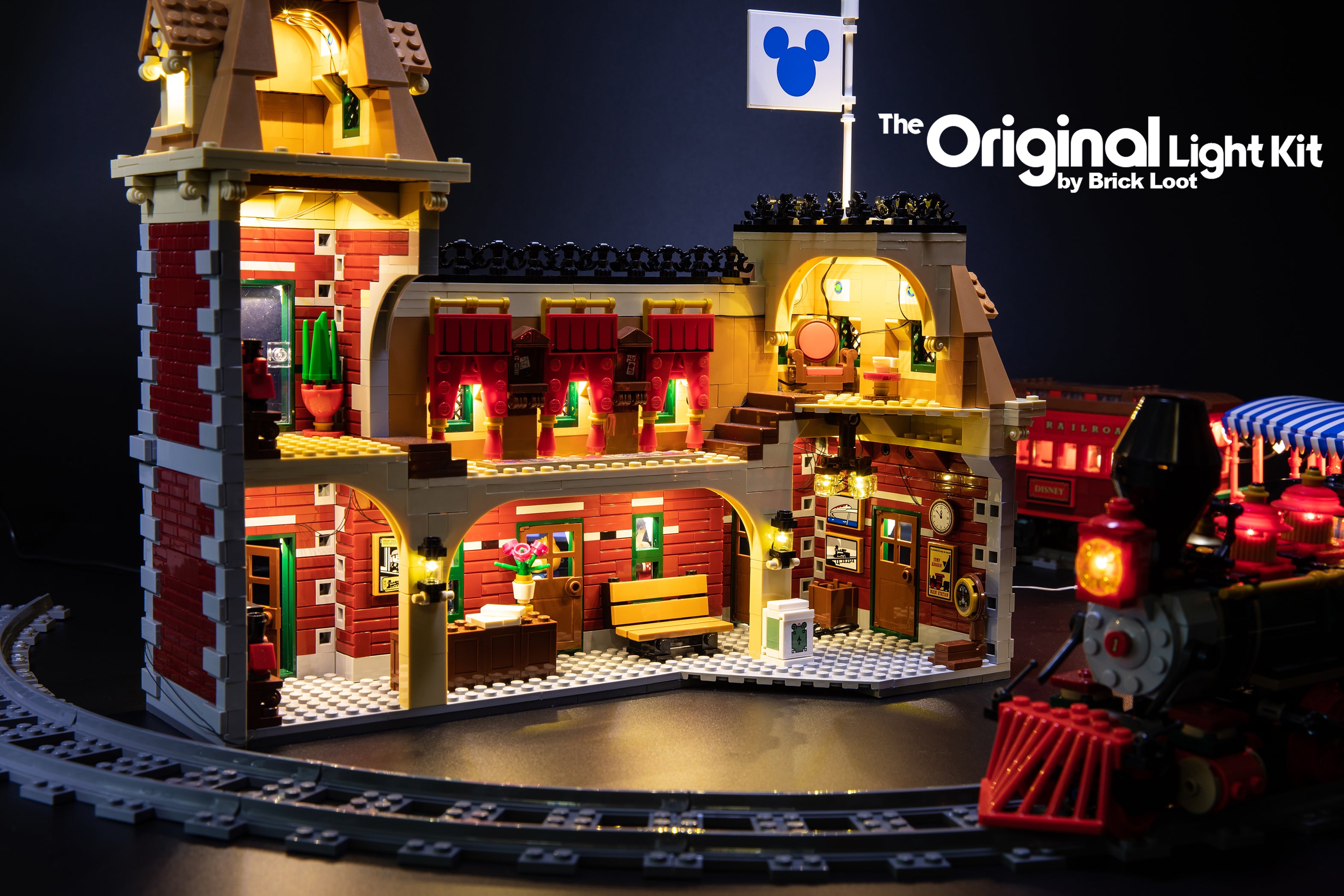Close-up of the inside of the LEGO Disney Train and Station set 71044, completely lit up with the Brick Loot LED Light Kit.