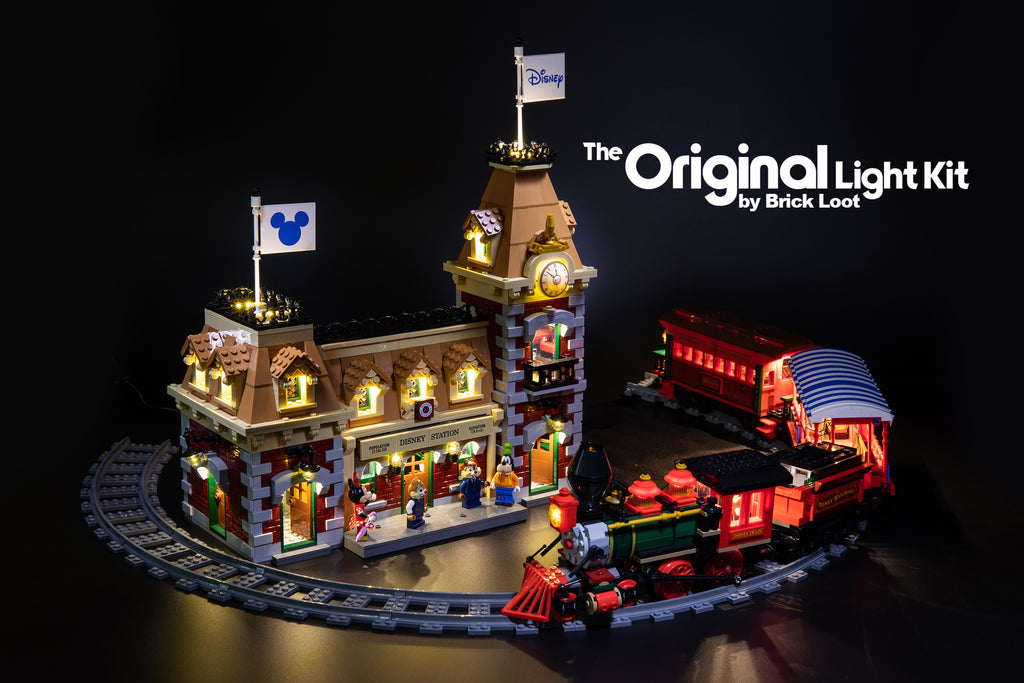 LEGO Disney Train and Station set 71044, completely lit up with the Brick Loot LED Light Kit.