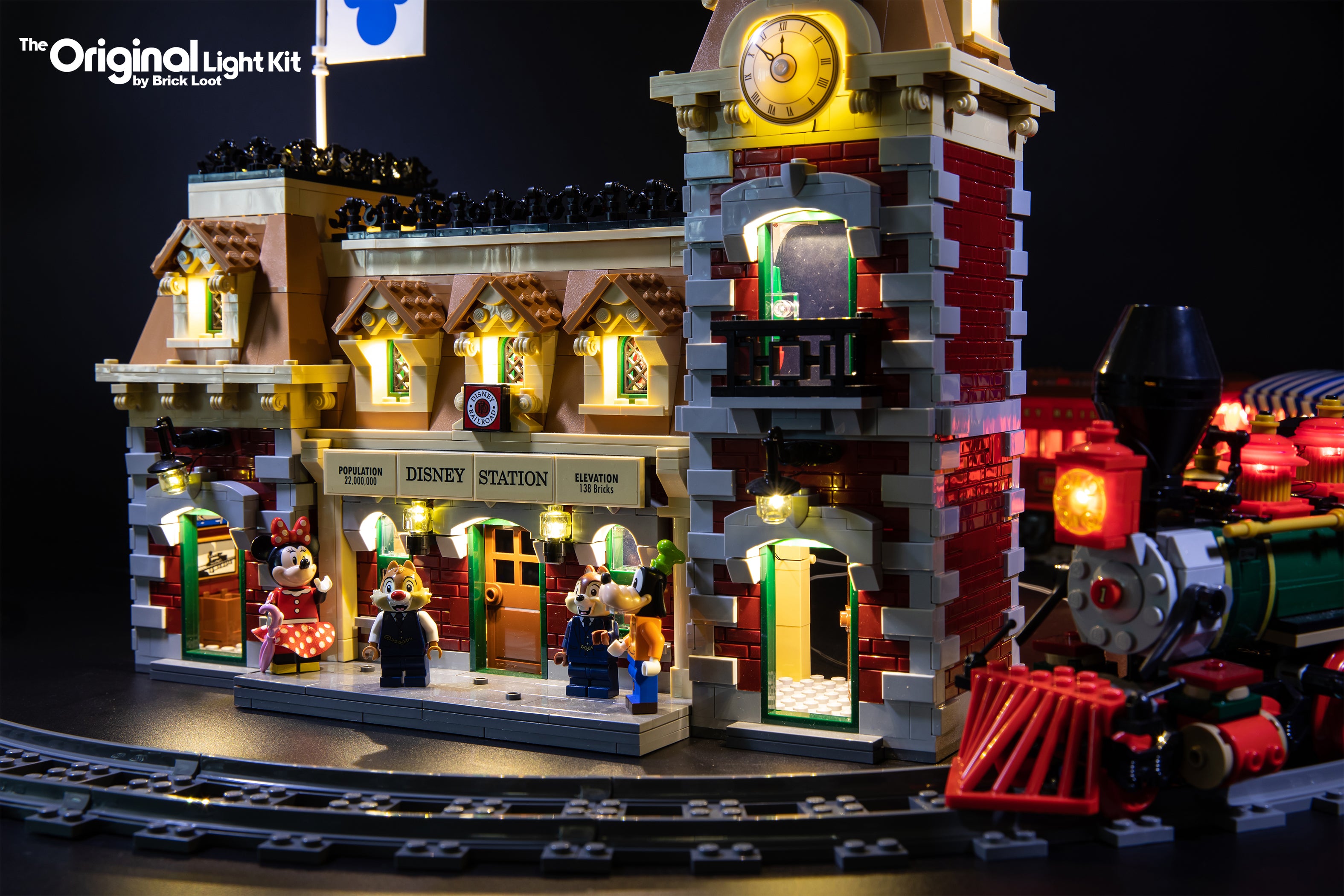 Close-up of the LEGO Disney Train and Station set 71044, completely lit up with the Brick Loot LED Light Kit.