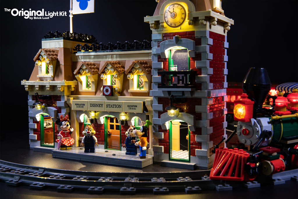 Close-up of the LEGO Disney Train and Station set 71044, completely lit up with the Brick Loot LED Light Kit.