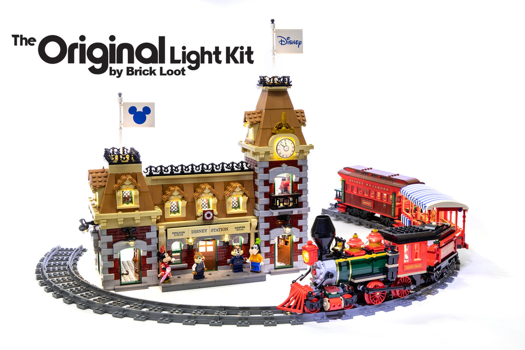 LEGO Disney Train and Station set 71044, completely lit up with the Brick Loot LED Light Kit.