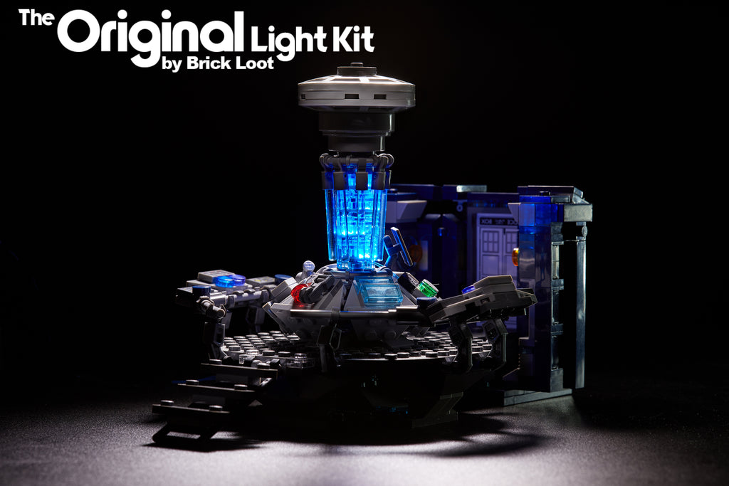 LEGO Doctor Who set 21304 with the Brick Loot LED Lighting Kit with bright blue lights.