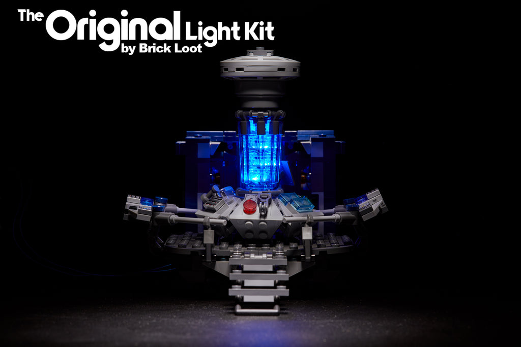 LEGO Doctor Who set 21304 with the Brick Loot LED Lighting Kit with bright blue lights.