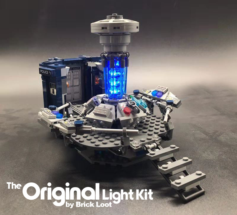 LEGO Doctor Who set 21304 with the Brick Loot LED Lighting Kit with bright blue lights.