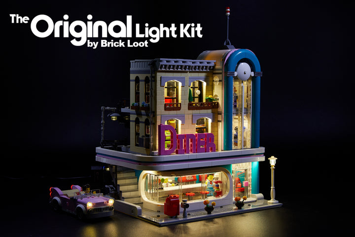 LEGO Downtown Diner set 10260, brilliantly illuminated with the Brick Loot LED light kit!