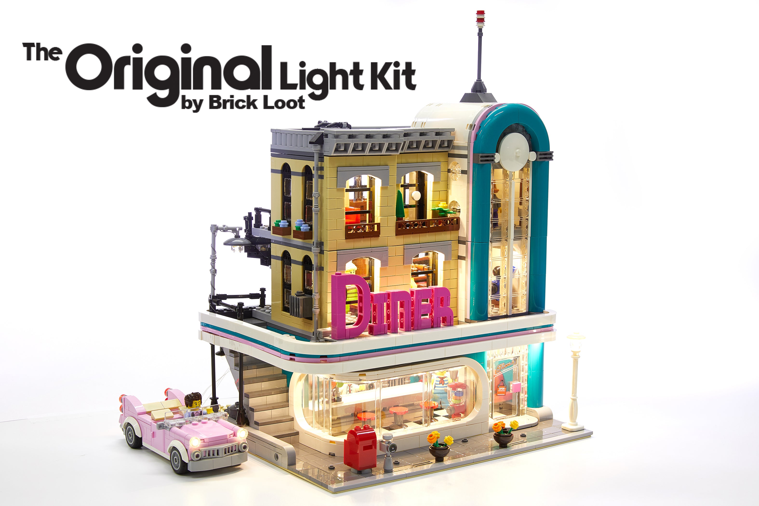 LEGO Downtown Diner set 10260, brilliantly illuminated with the Brick Loot LED light kit!
