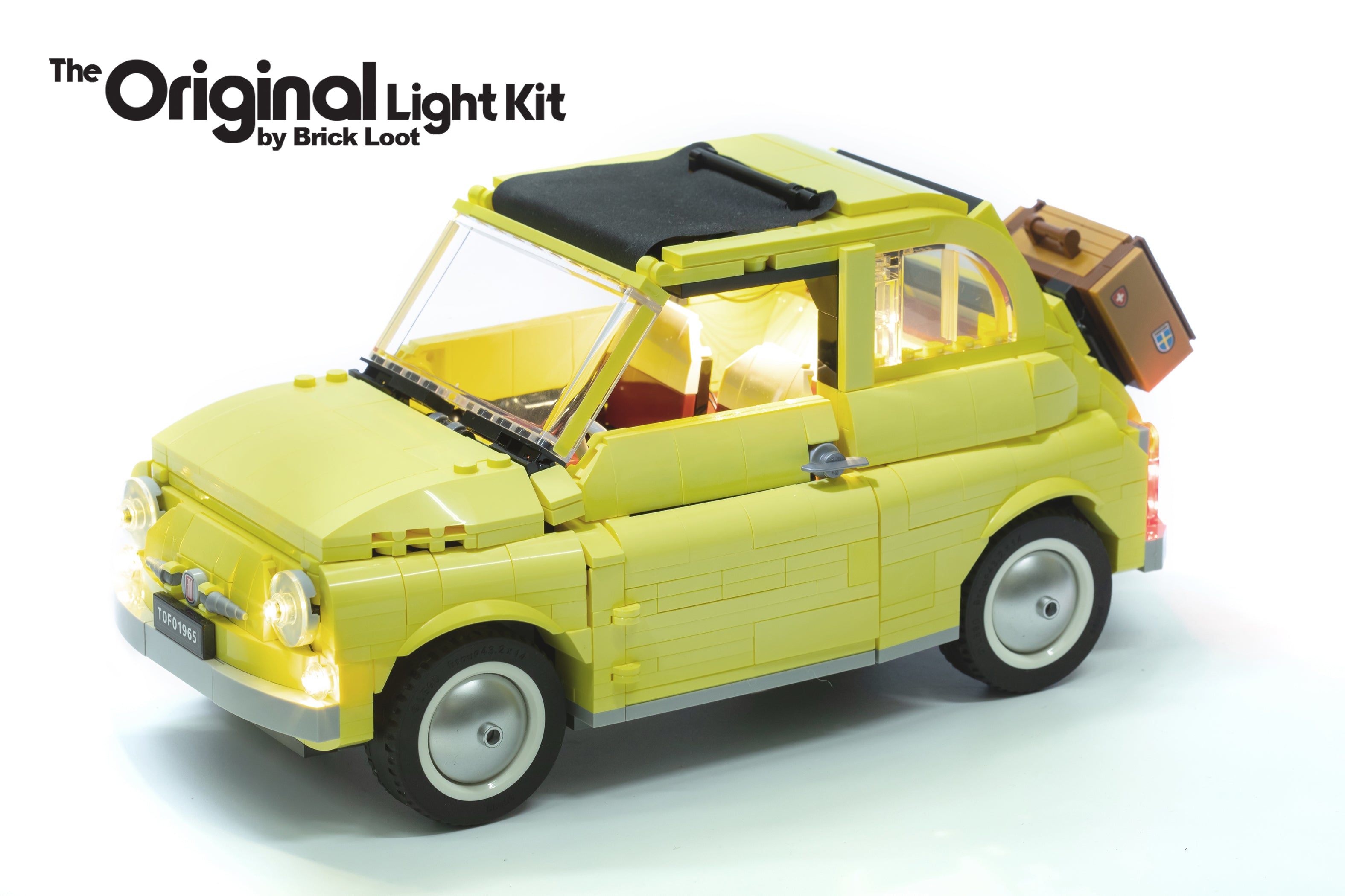 LEGO Fiat 500 set 10271 with the custom Brick Loot LED Light kit installed. Brilliant LEDs illuminate the front headlights, interior, and tail lights of the Fiat model. Brilliant during hte day and at night!