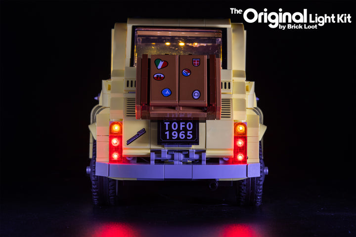 Close-up of the rear view of the LEGO Fiat 500 set 10271 with the custom Brick Loot LED Light kit installed.  