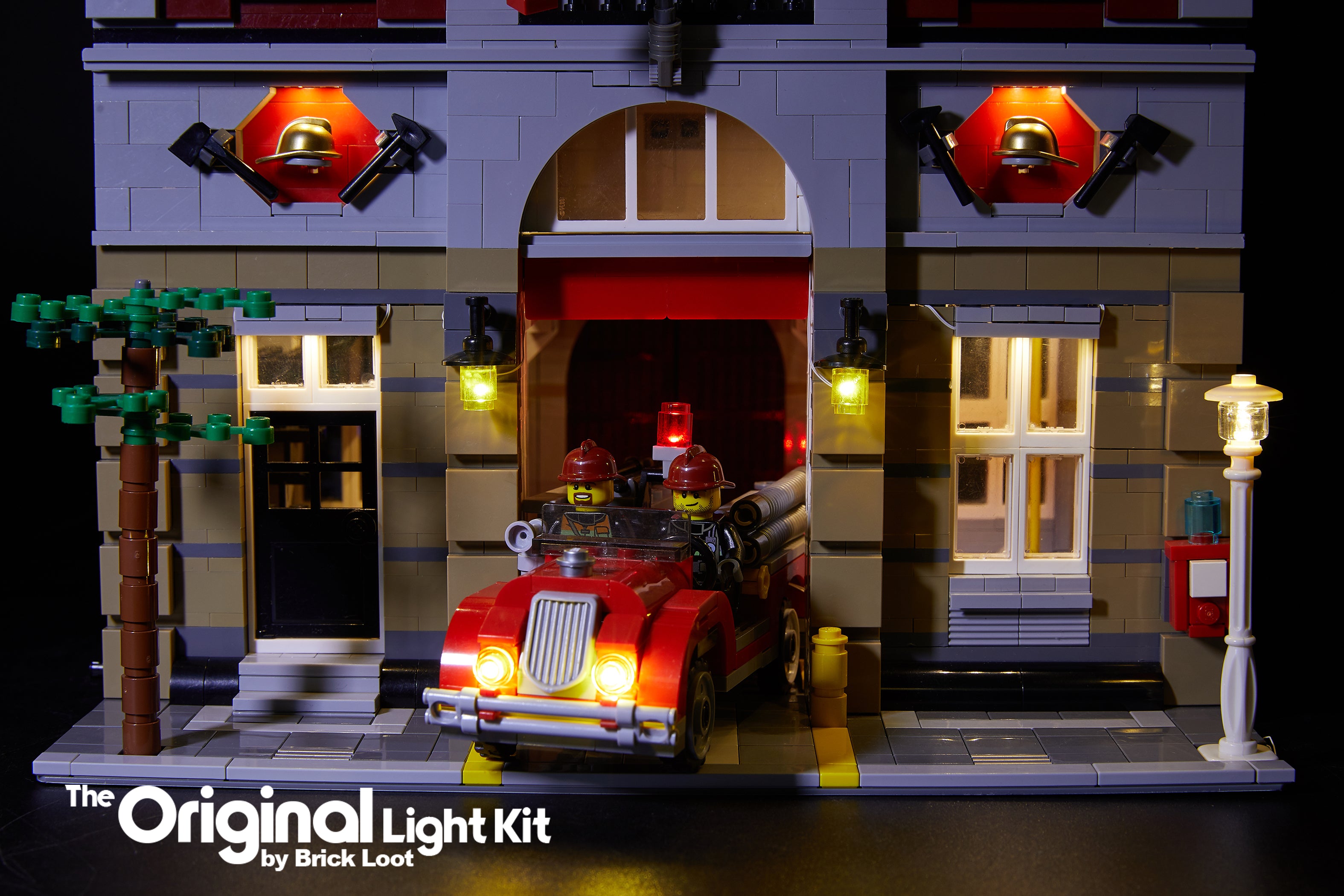 Close up of the LEGO Fire Brigade set 10197, with the Brick Loot Custom LED kit installed. This set includes lights for the fire truck! Brilliant at night! 