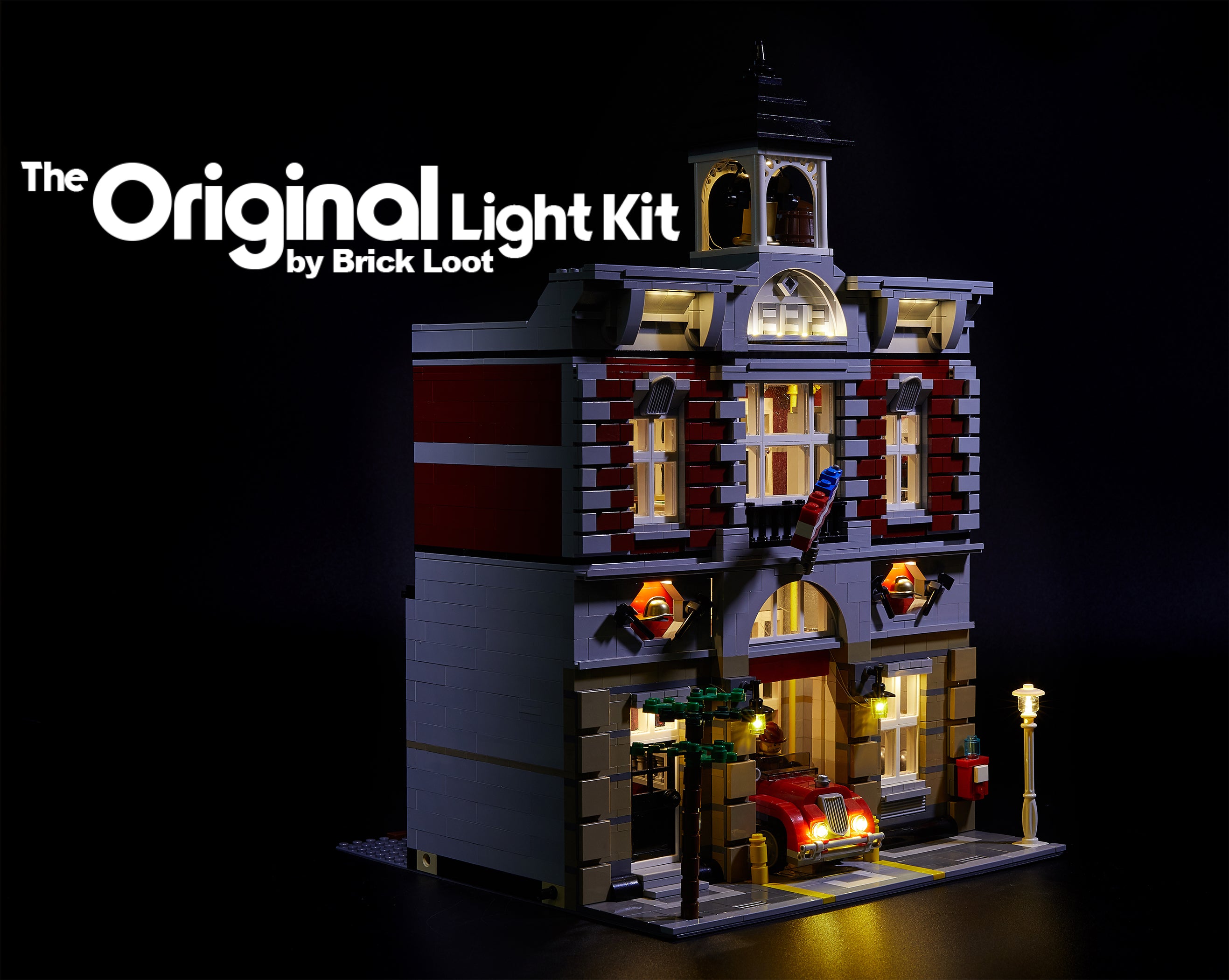 LEGO Fire Brigade set 10197, with the Brick Loot Custom LED kit installed. This set includes lights for the fire truck! Brilliant at night! 