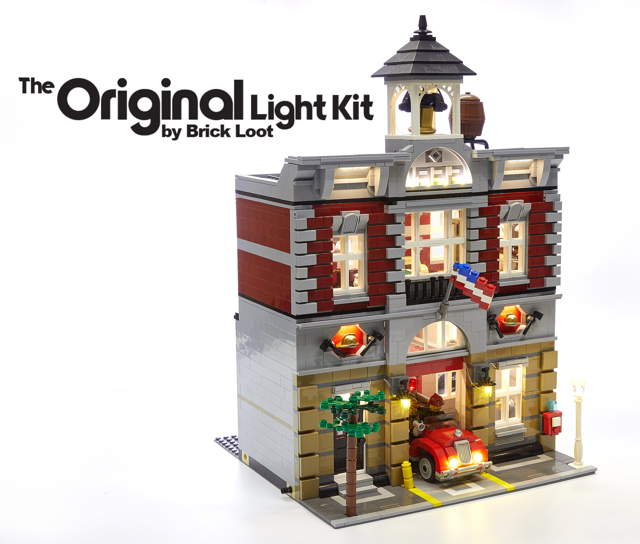 LEGO Fire Brigade set 10197, with the Brick Loot Custom LED kit installed. Brilliant interior and exterior lights light up this set during the day and at night! 