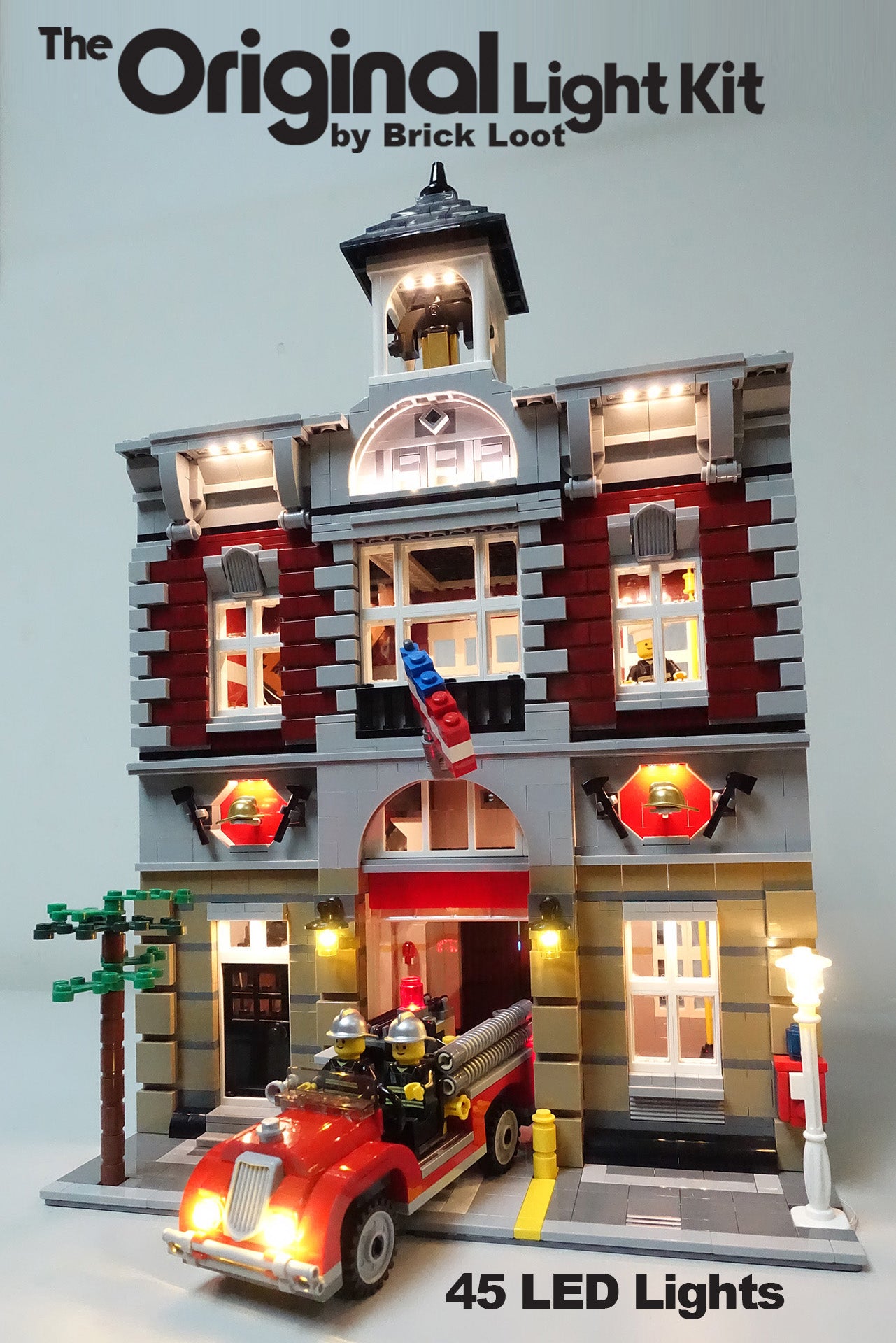 LEGO Fire Brigade set 10197, with the Brick Loot Custom LED kit installed.  This set includes lights for the fire truck!