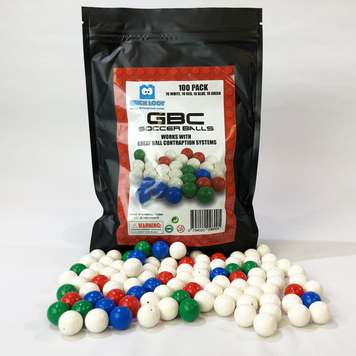 Brick Loot 100-pack of 70 white, 10 red, 10 blue, and 10 green  minifigure-size soccer balls, perfect for Great Ball Contraption (GBC) Builds and Rube Goldberg Machines. 100% LEGO Compatible.