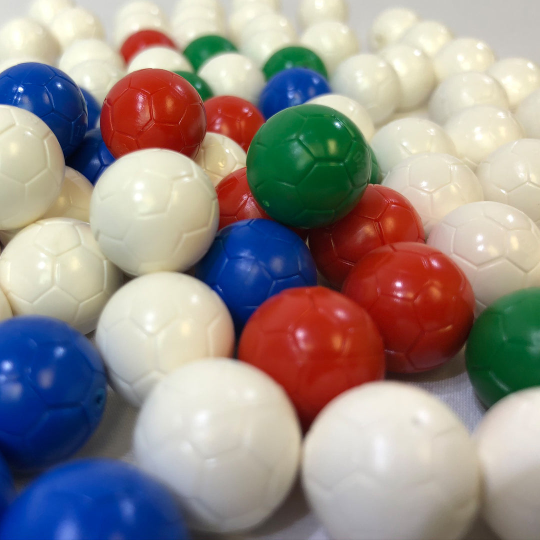 Brick Loot 100-pack of 70 white, 10 red, 10 blue, and 10 green minifigure-size soccer balls, perfect for Great Ball Contraption (GBC) Builds and Rube Goldberg Machines. 100% LEGO Compatible.