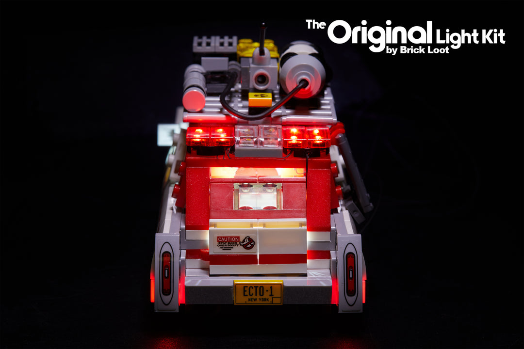 Rear view of the LEGO Ghostbusters Ecto-1 & 2 car set 75828 with the Brick Loot LED Light Kit.