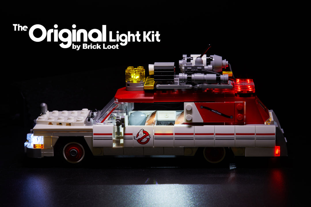 Side-view of the LEGO Ghostbusters Ecto-1 & 2 car set 75828 with the Brick Loot LED Light Kit.