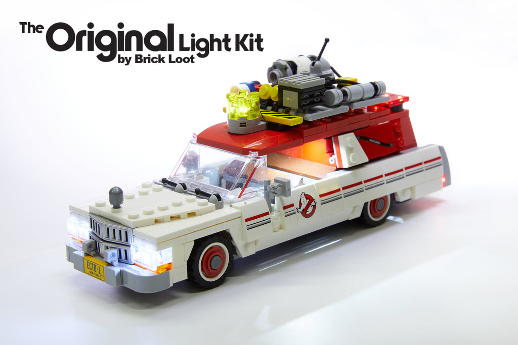 LEGO Ghostbusters Ecto-1 & 2 car set 75828 with the Brick Loot LED Light Kit.