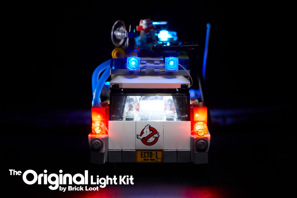 Rear view of the LEGO Ghostbusters Ecto-1 set 21108 with Brick Loot LED Light Kit installed!