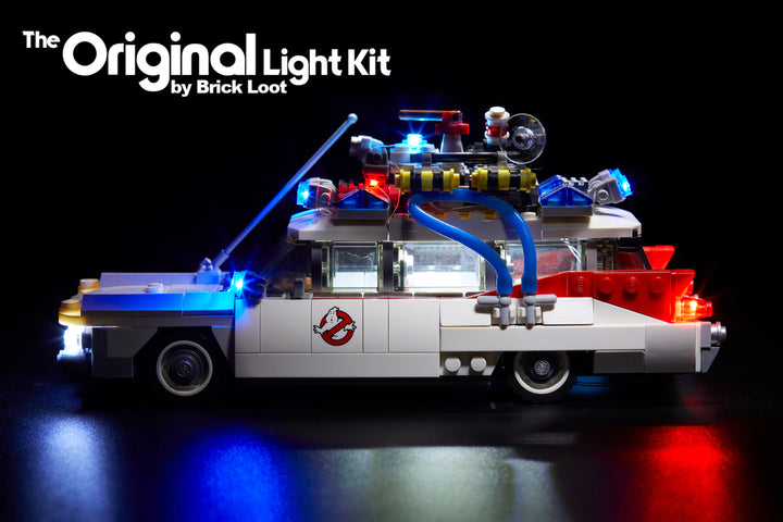 Side view of the LEGO Ghostbusters Ecto-1 set 21108 with Brick Loot LED Light Kit installed!