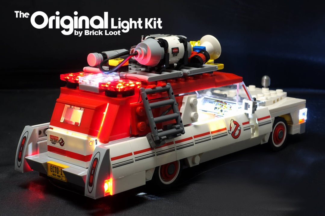 Back and side of the LEGO Ghostbusters Ecto-1 & 2 car set 75828 with the Brick Loot LED Light Kit.