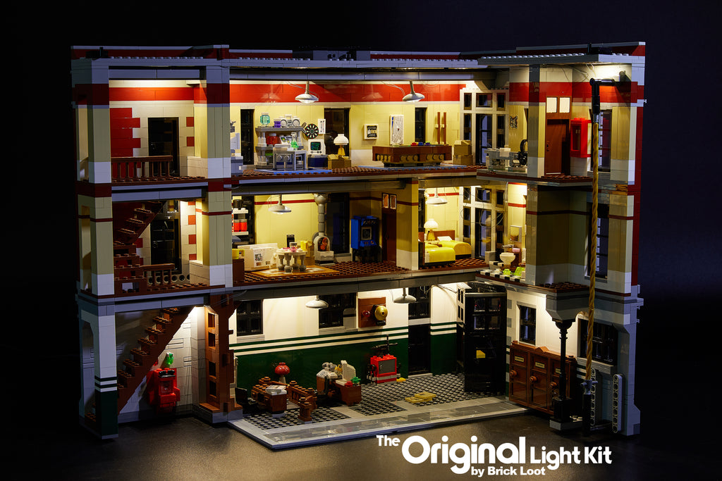 Inside of the LEGO Ghostbusters Firehouse Headquarters set 75827, illuminated with the Brick Loot LED Light Kit.