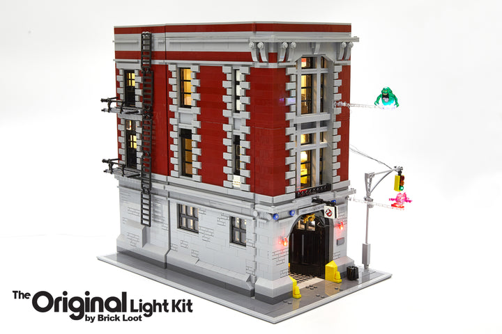 LEGO Ghostbusters Firehouse Headquarters set 75827, illuminated with the Brick Loot LED Light Kit.