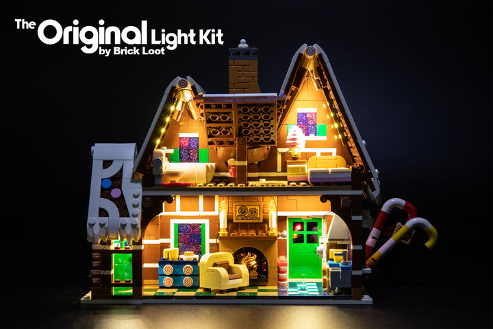Interior of the LEGO Gingerbread House set 10267, beautifully illuminated with the Brick Loot LED Light kit!