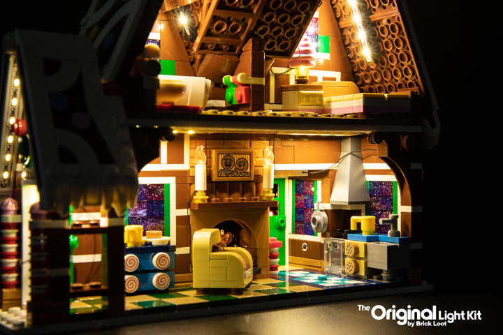 Close-up of the interior of the LEGO Gingerbread House set 10267, beautifully illuminated with the Brick Loot LED Light kit!