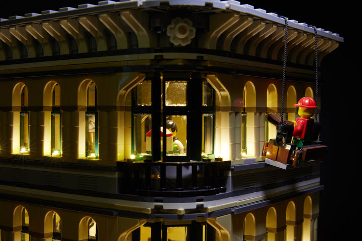 Close up of the LEGO Grand Emporium set 10211 with the Brick Loot LED Light Kit - brilliant lights inside and out!
