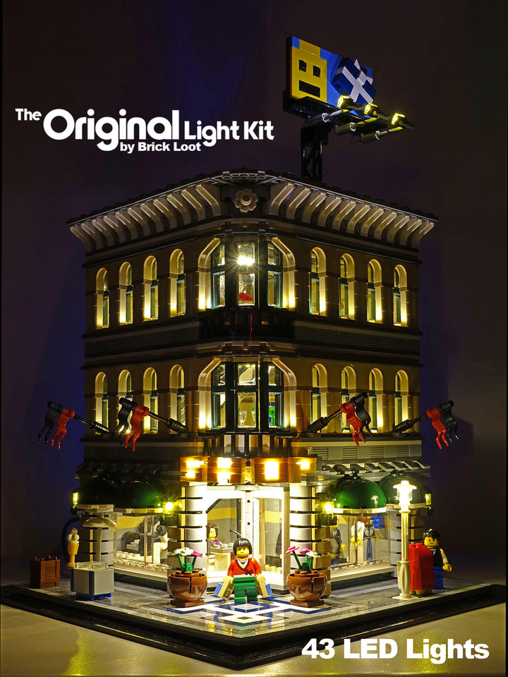 LEGO Grand Emporium set 10211 with the Brick Loot LED Light Kit installed.
