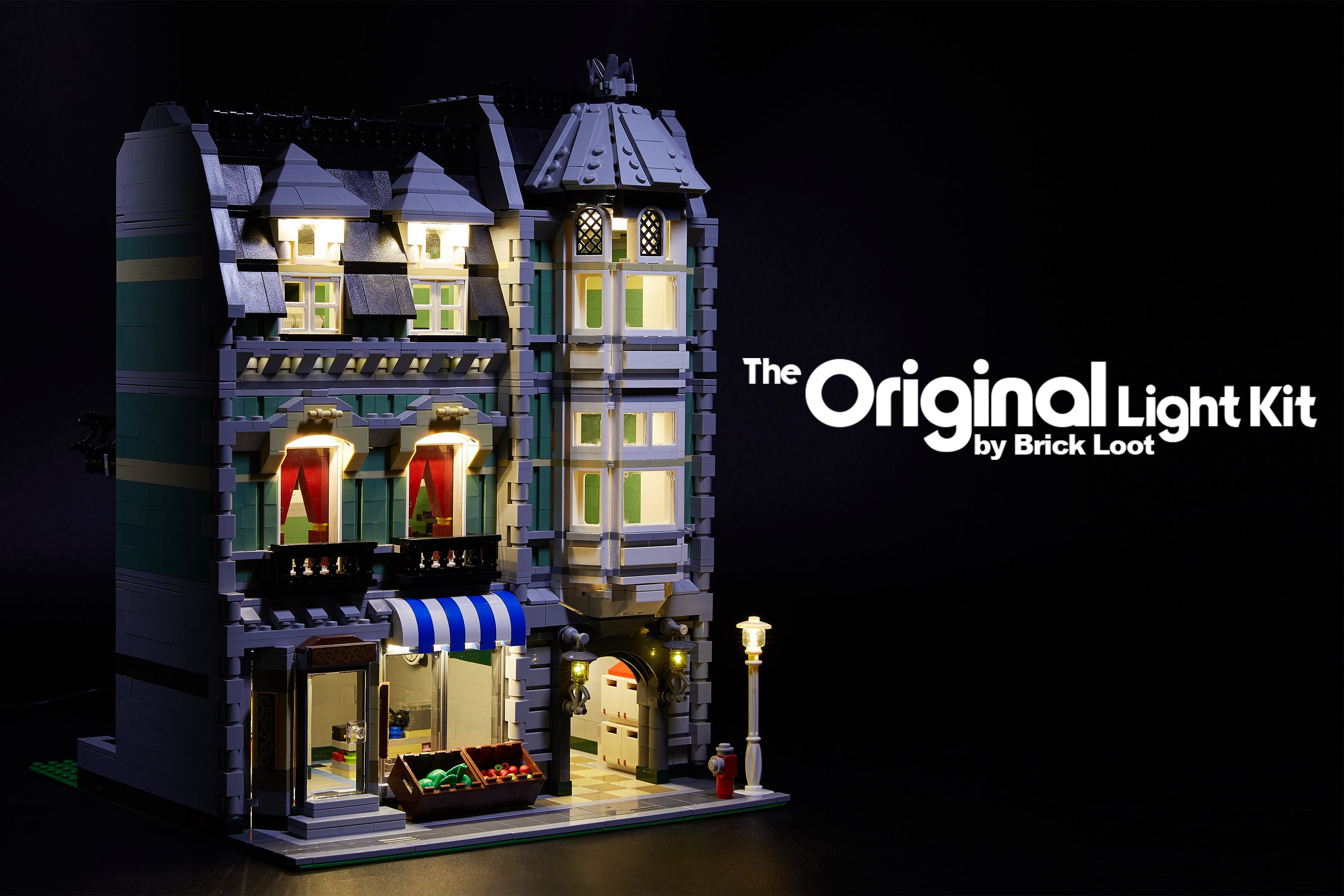 LEGO Green Grocer set 10185 with the Brick Loot LED Light Kit installed. Brilliant lights illuminate the interior and exterior of this fun LEGO set!
