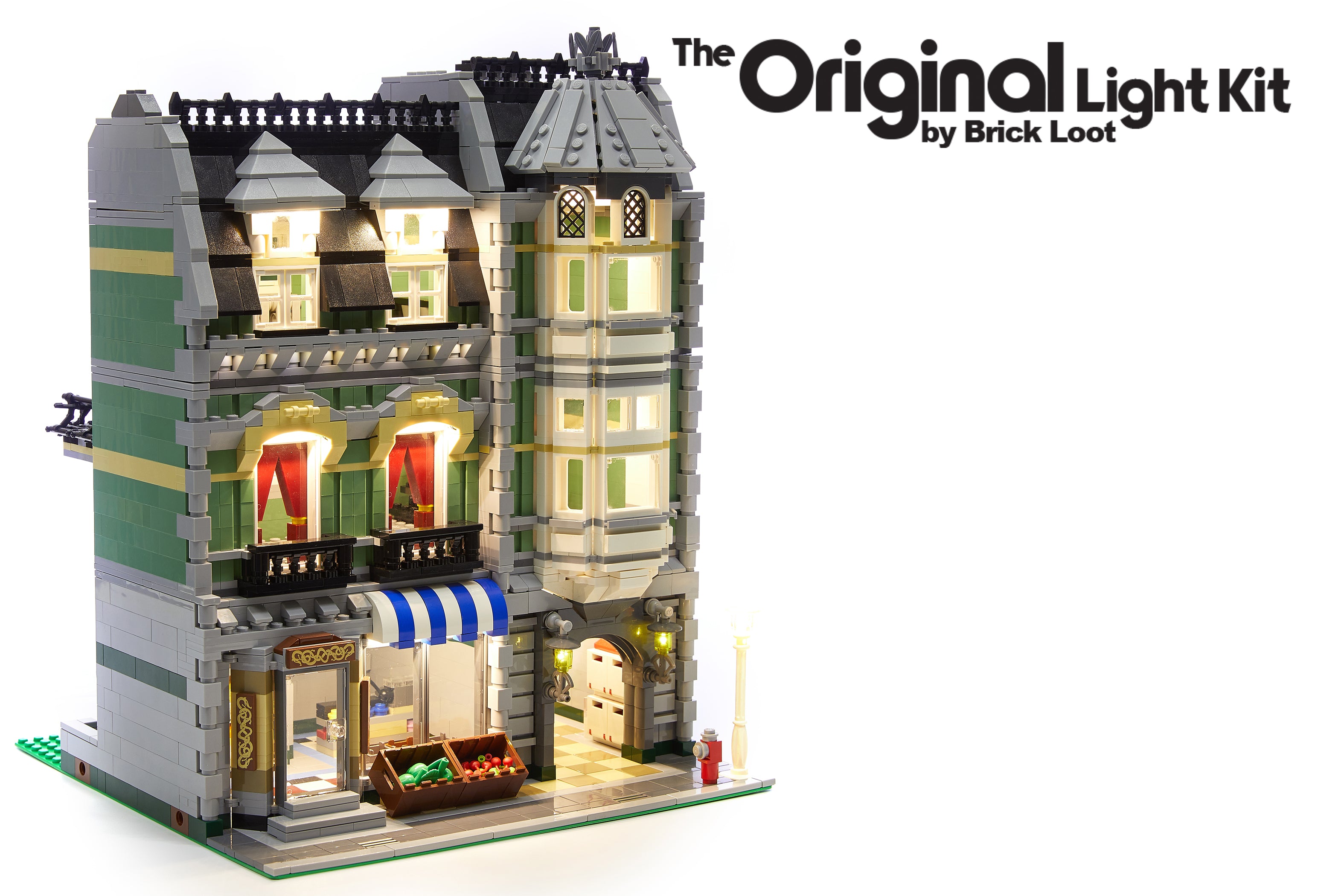 LEGO Green Grocer set 10185 with the Brick Loot LED Light Kit installed. Brilliant lights illuminate the interior and exterior of this fun LEGO set - day and night!