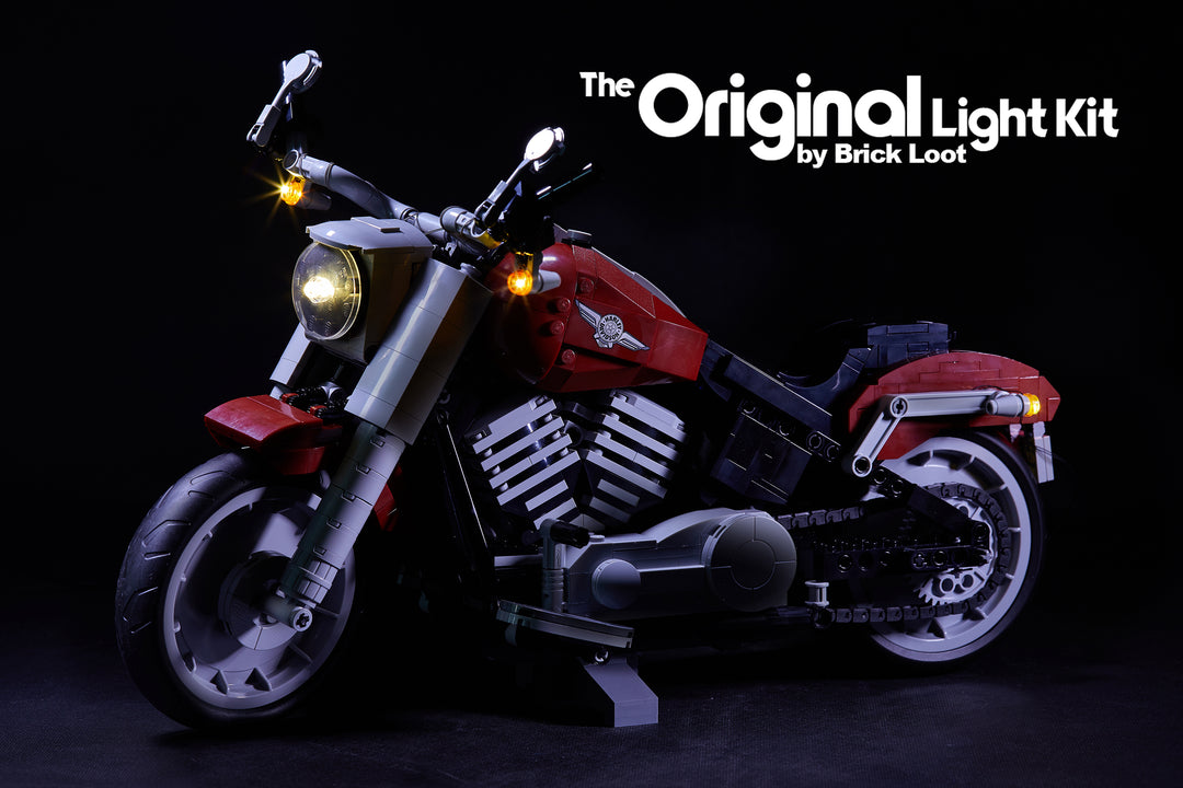 LEGO Harley Davidson Fat Boy Motorcycle set 10269, illuminated with the Brick Loot custom LED light kit.  