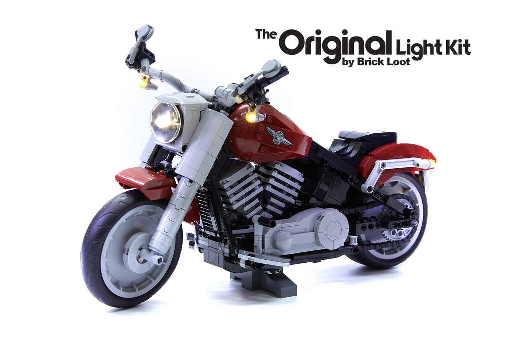 LEGO Harley Davidson Fat Boy Motorcycle set 10269, illuminated with the Brick Loot custom LED kit - brilliant day and night!